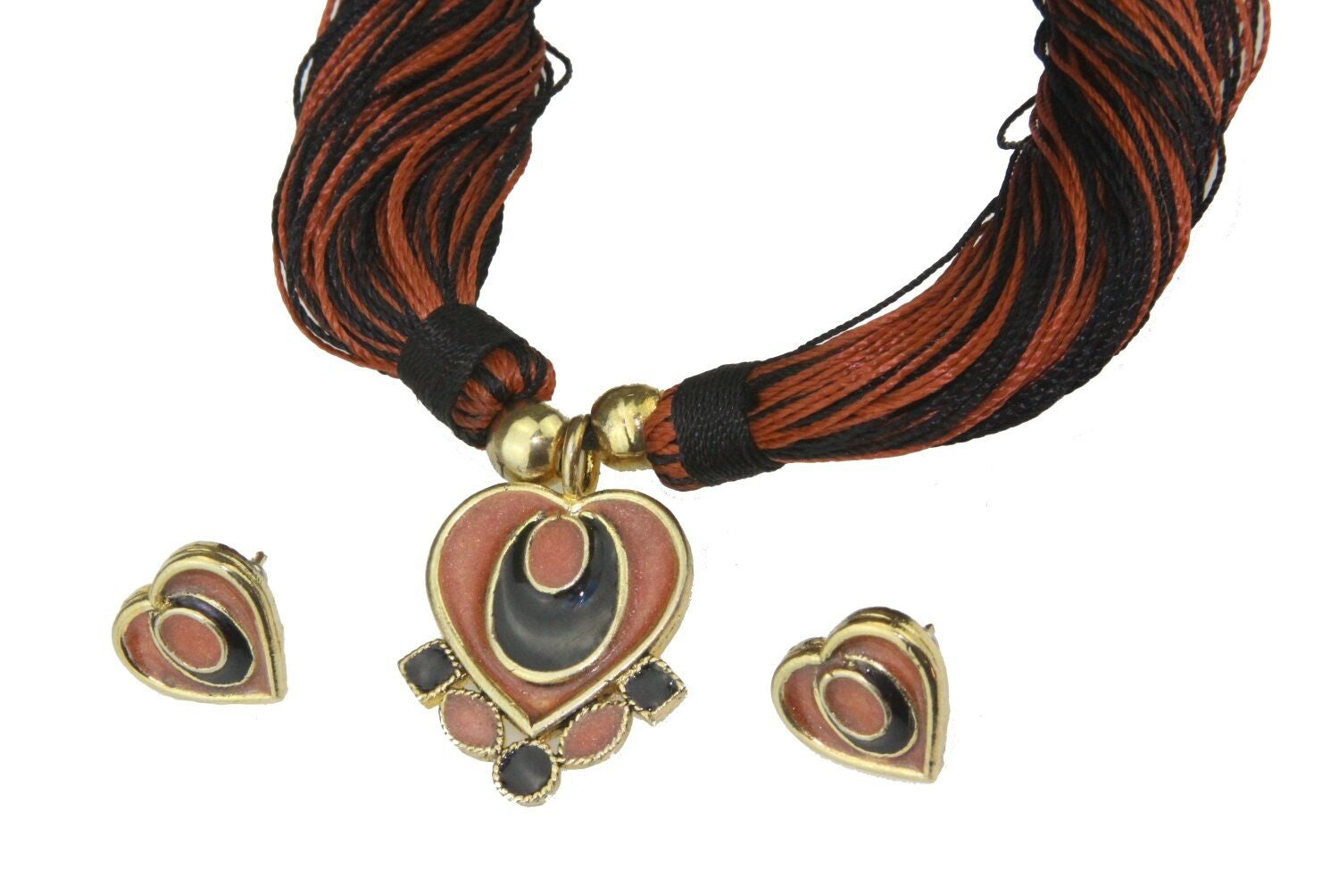 Brown Black Heart Flower Diamond Bohochic Festival Chunky Statement Necklace Set